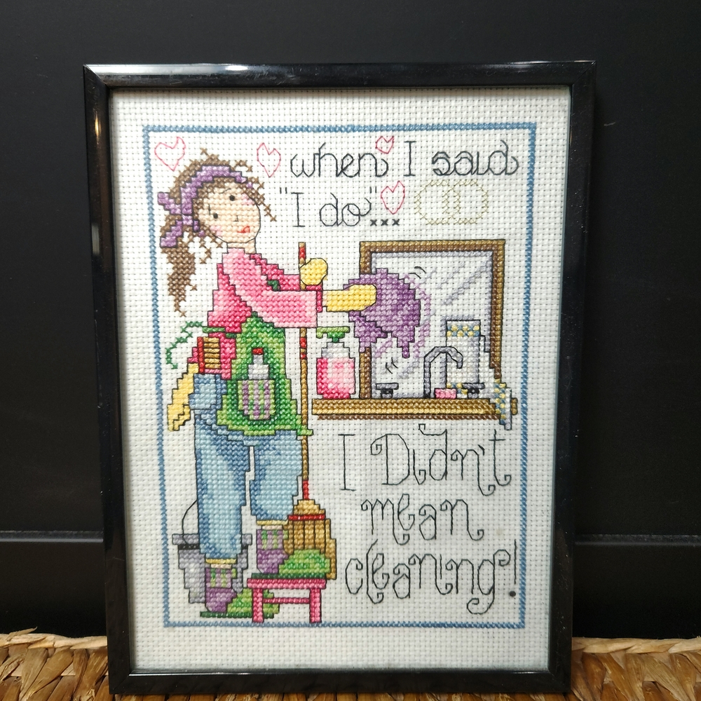 VINTAGE Joan Elliott Framed Cross-Stitch Art with Humorous Quote